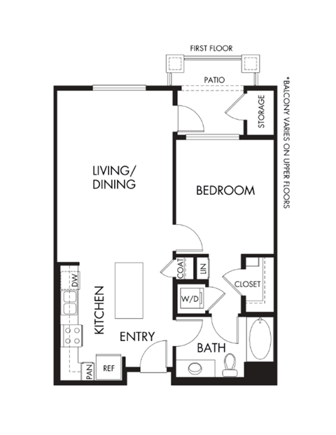 Floor plan for 1 bed, 1 bath, 761 sqft